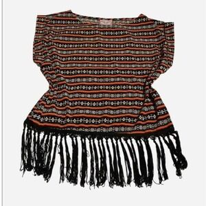 Boho Fringe Tunic Top Orange Black White Tribal Print Women's Small